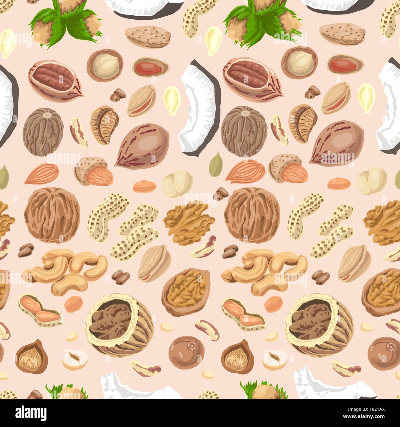 Seamless pattern with colored nuts and seeds. Vector illustration for your design Stock Vector