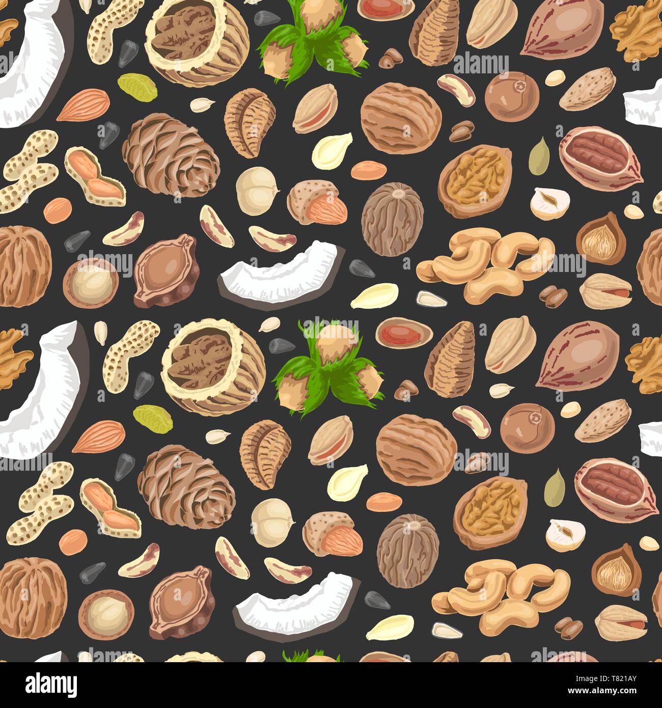 Seamless pattern with colored nuts and seeds. Vector illustration for your design Stock Vector