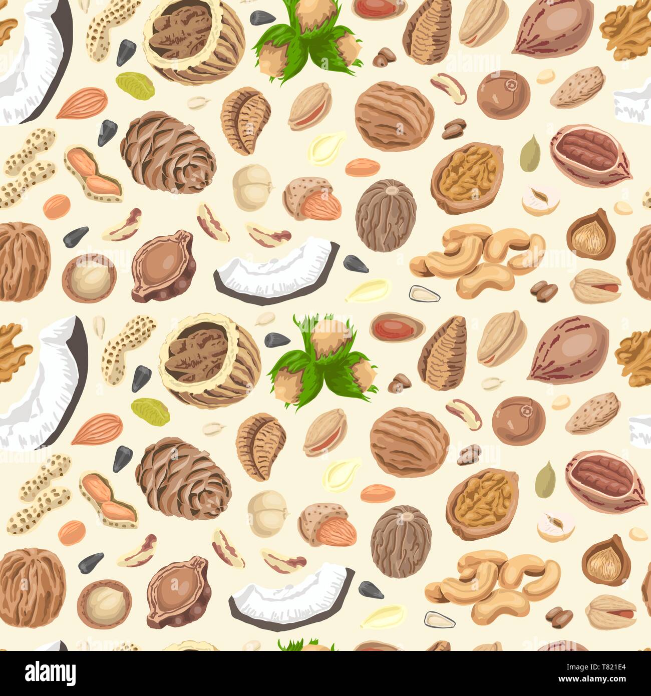 Seamless pattern with colored nuts and seeds. Vector illustration for ...