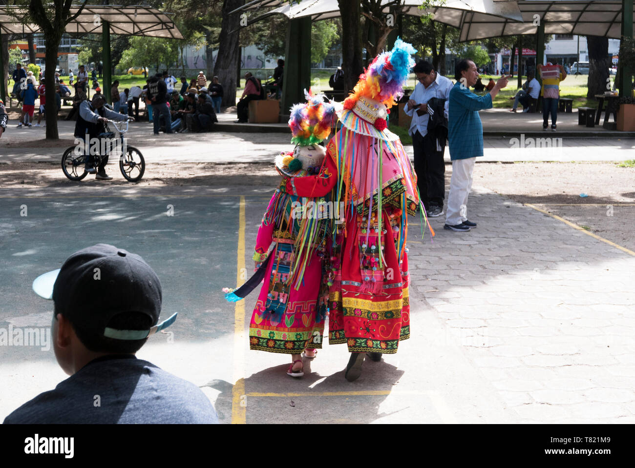 Native dressers in the park in Quito Equador where they were performing , indigenous   dances Stock Photo