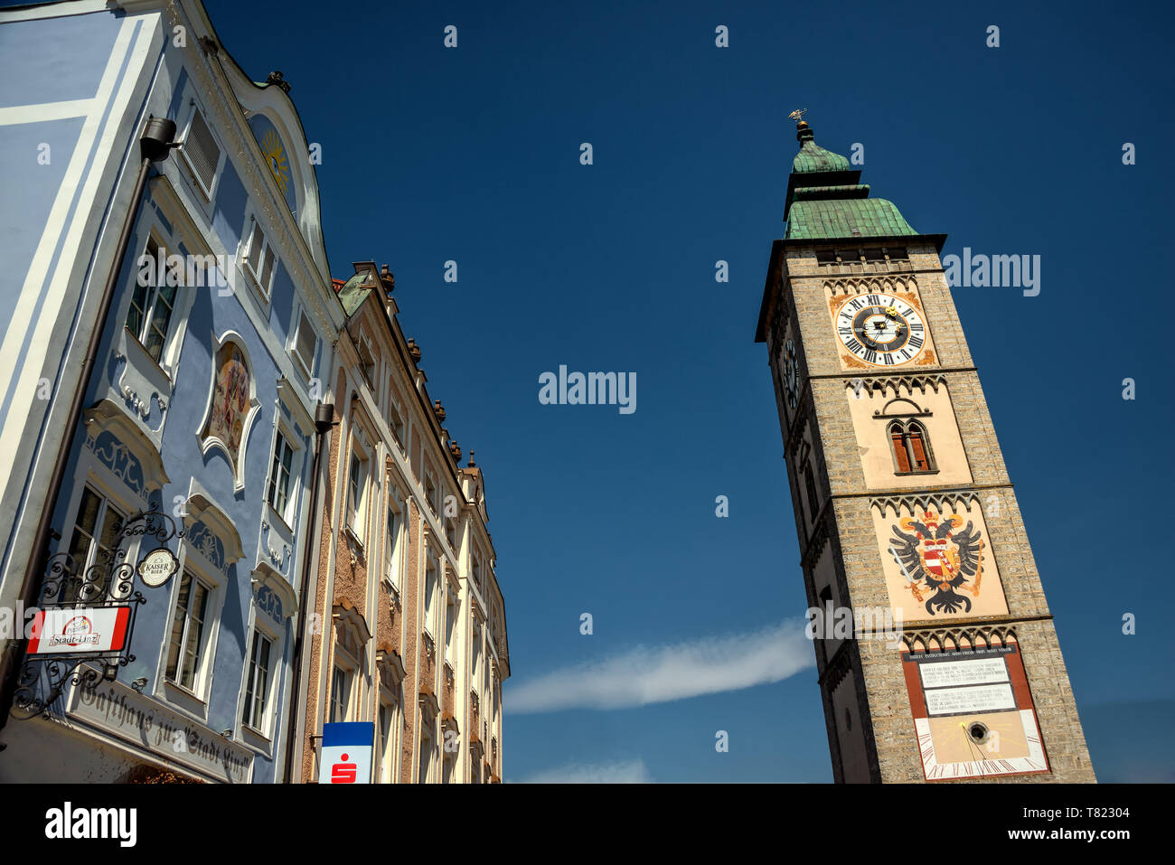 The Main square of Enns with ist mighty Tower. Enns is the oldest Town in Austria Stock Photo