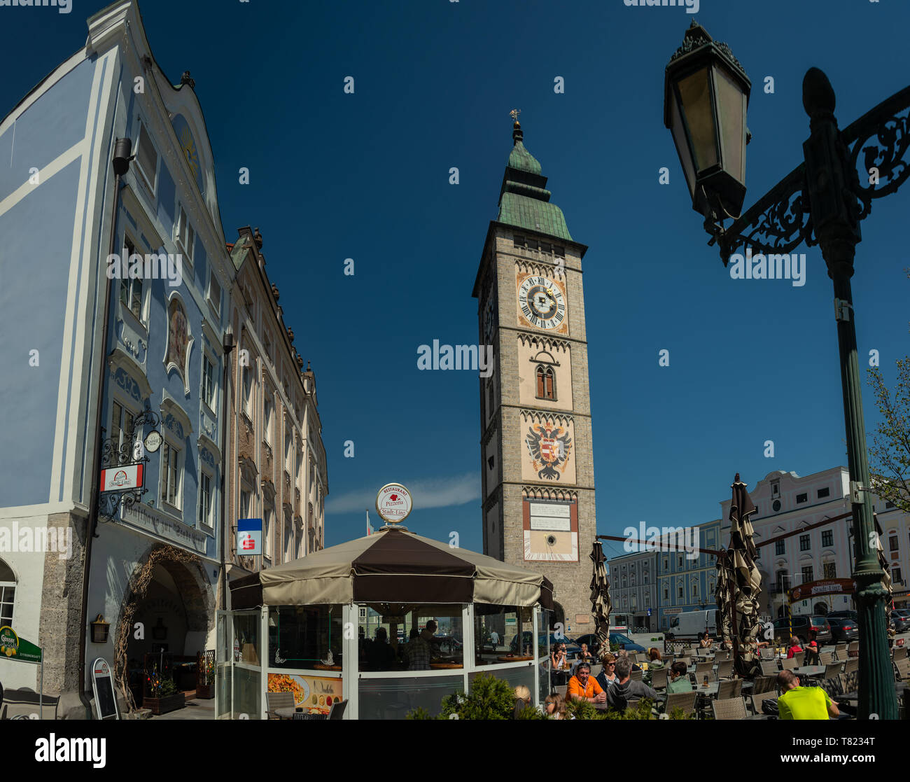 The Main square of Enns with ist mighty Tower. Enns is the oldest Town in Austria Stock Photo