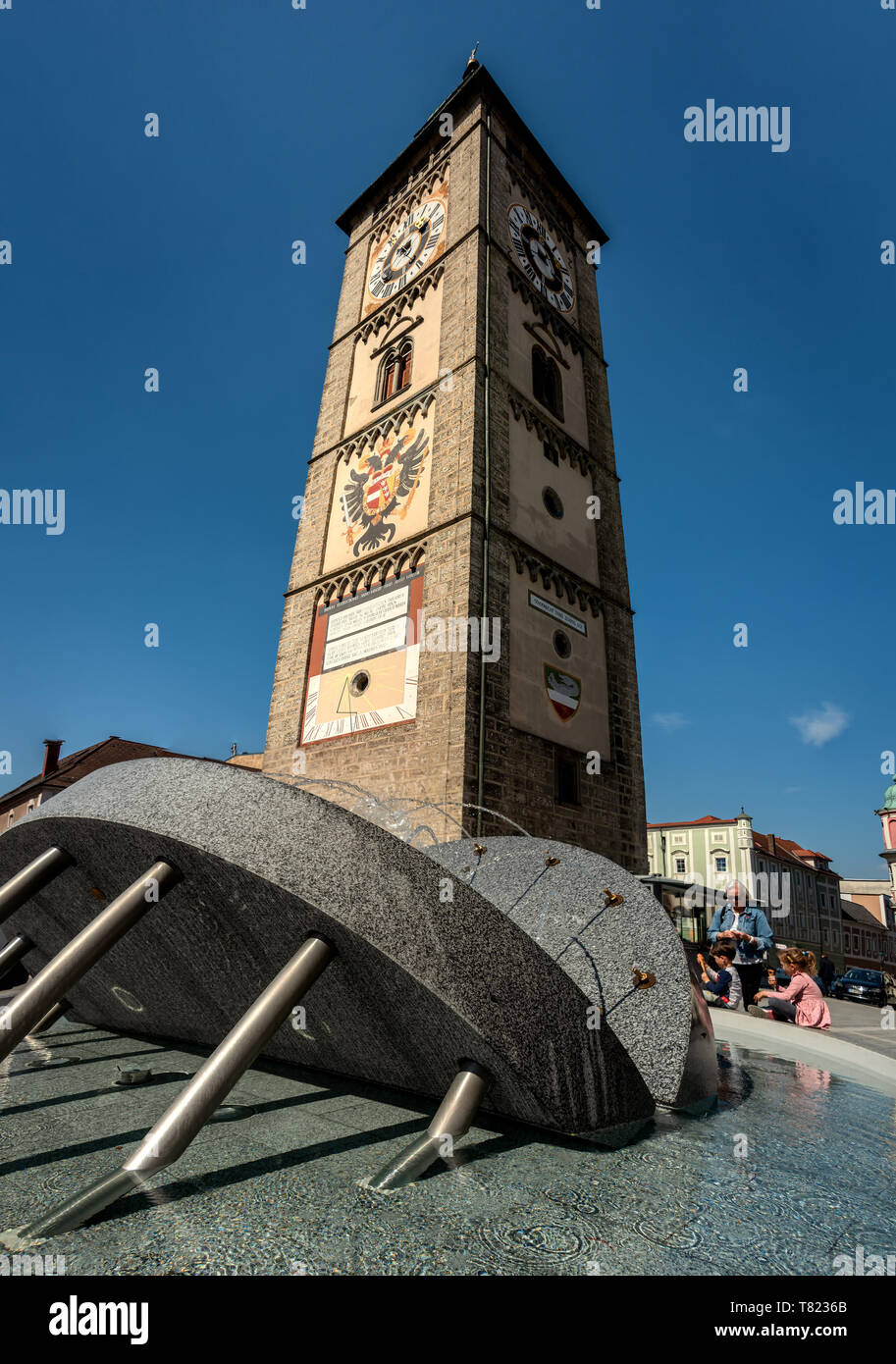 The Main square of Enns with ist mighty Tower. Enns is the oldest Town in Austria Stock Photo