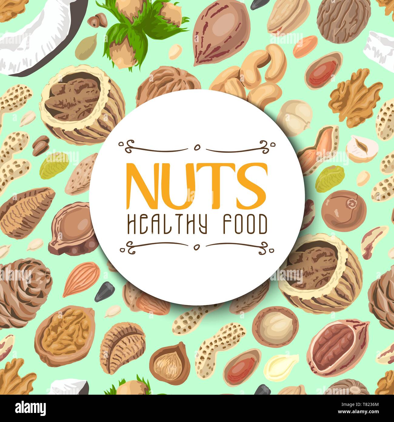 Seamless background with colored nuts and seeds with an inscription in ...