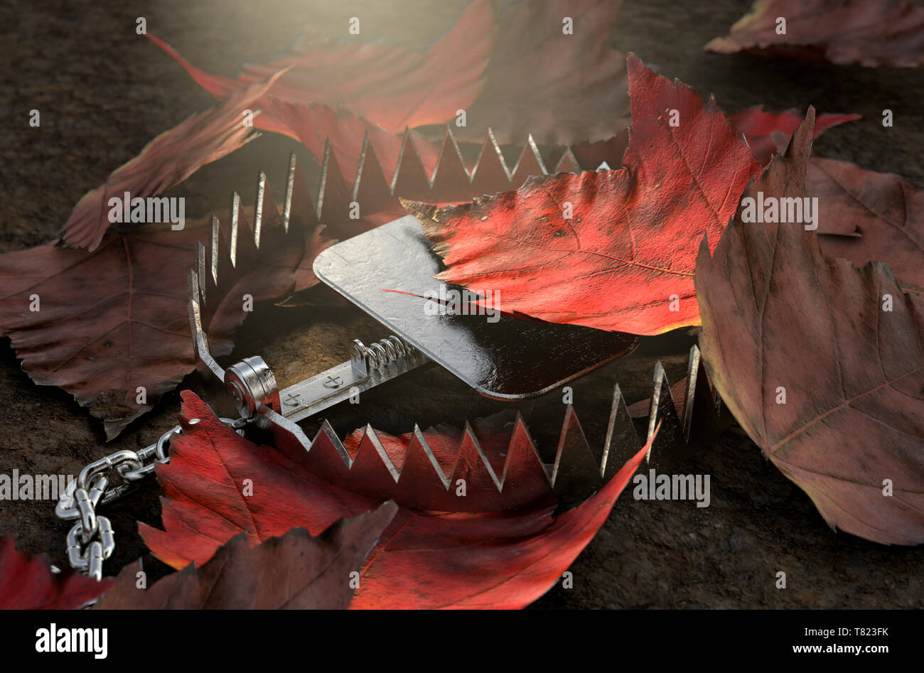 An open metal animal hidden under a pile of autumn leaves on the ground - 3D render Stock Photo
