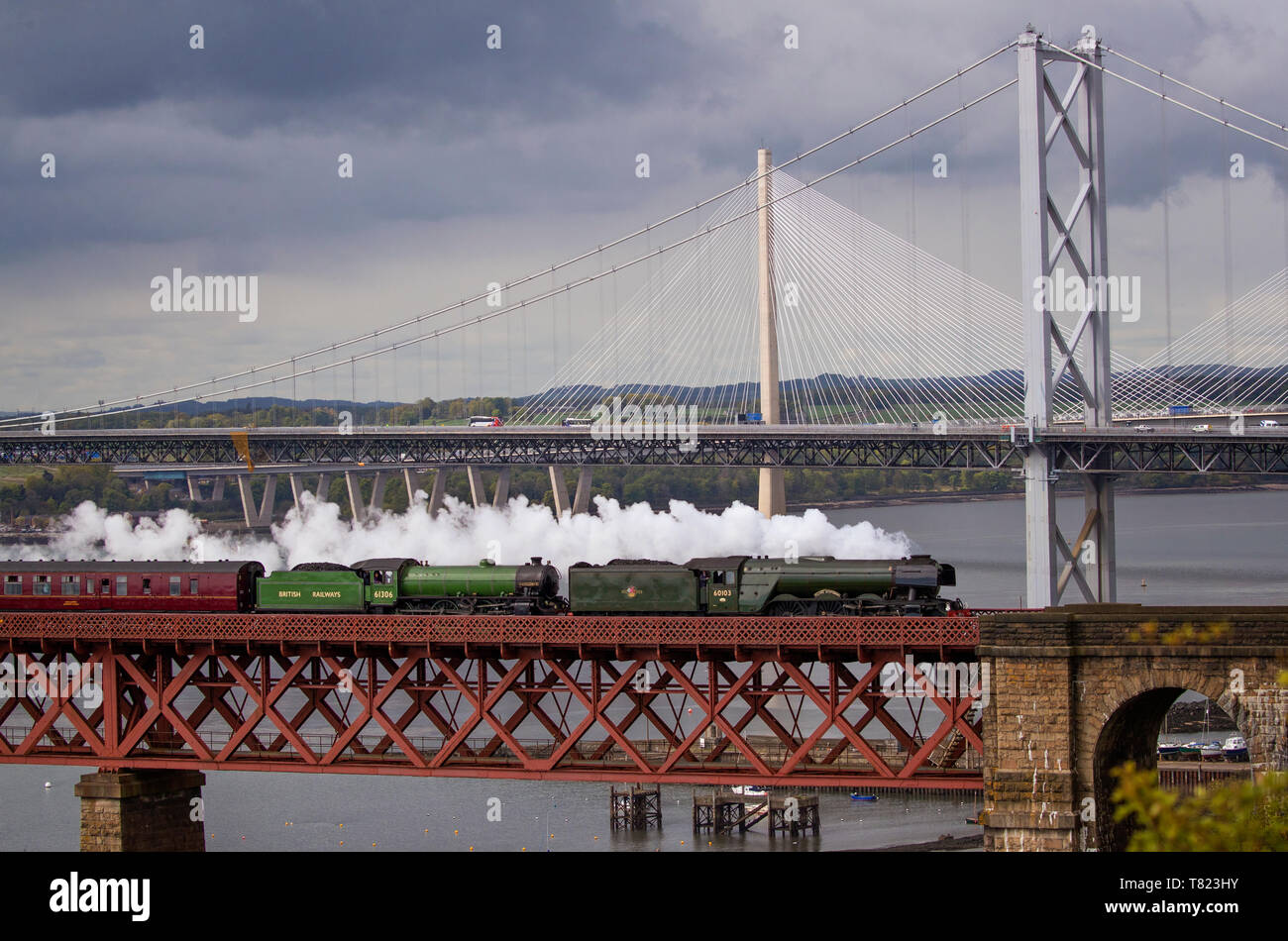 The Flying Scotsman steam train crosses the Forth Bridge on its way from Edinburgh to Inverness