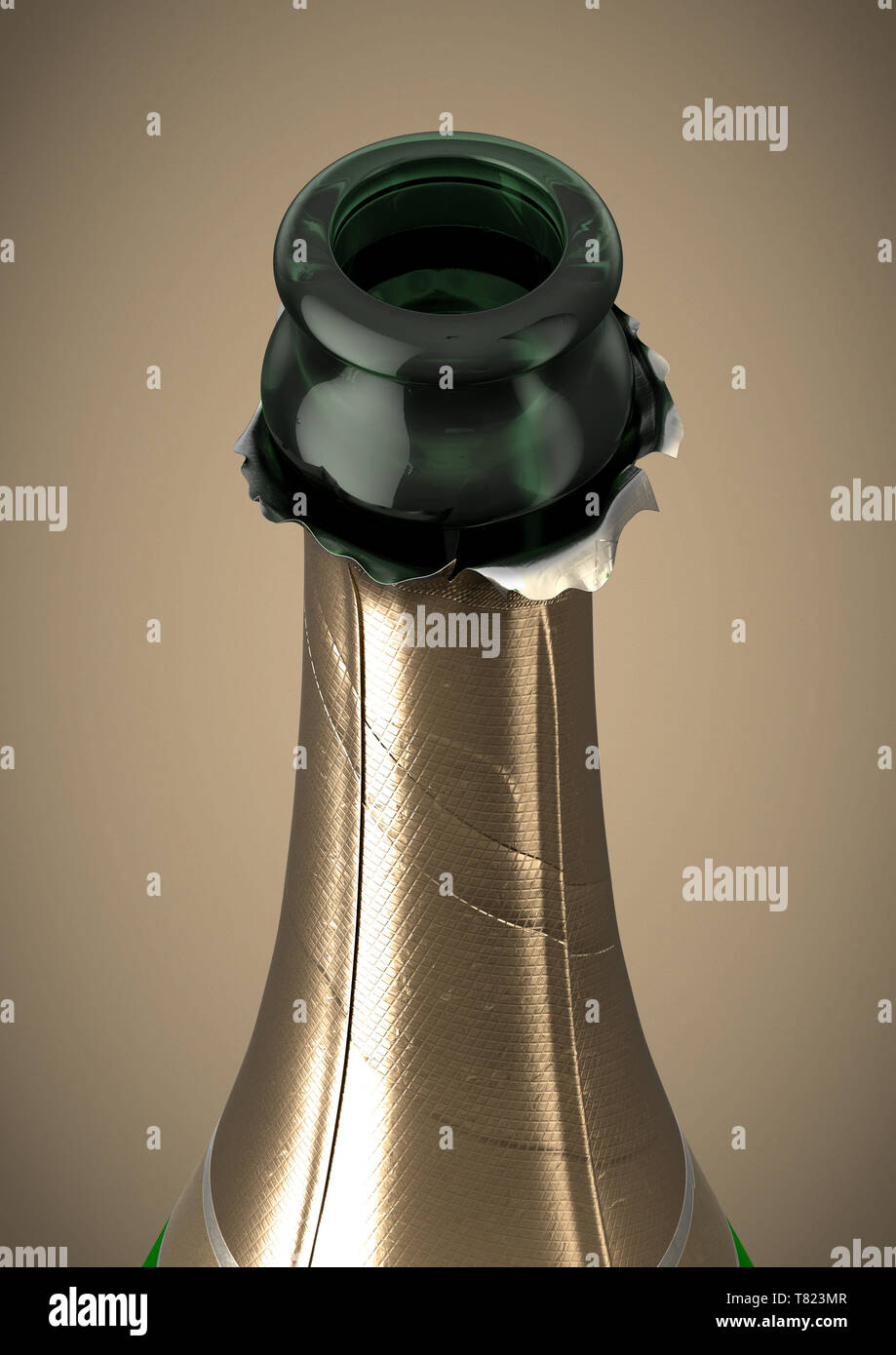 A green bottle of champagne showing the open top and torn gold foil on