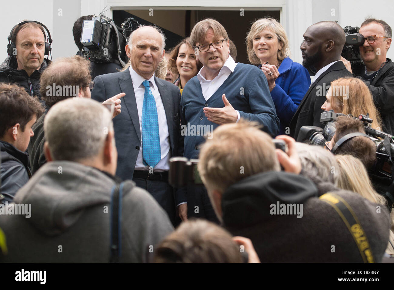 European Parliament's Brexit co-ordinator Guy Verhofstadt (centre), joins Lib Dem leader Sir Vince Cable (centre left) in London during their EU election campaign. Stock Photo