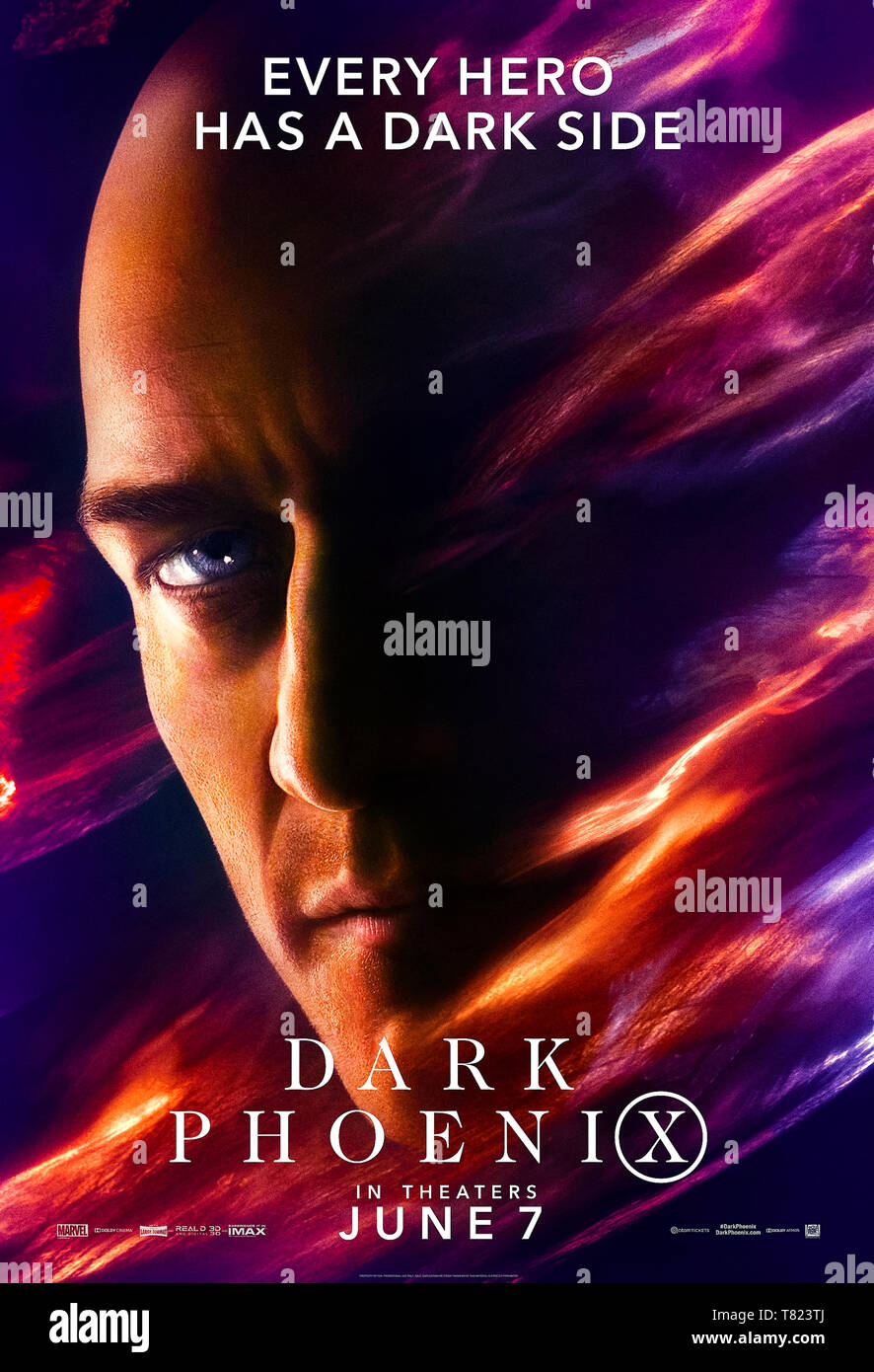 Dark Phoenix (2019) directed by Simon Kinberg and starring James McAvoy as Professor Charles Xavier. Stock Photo