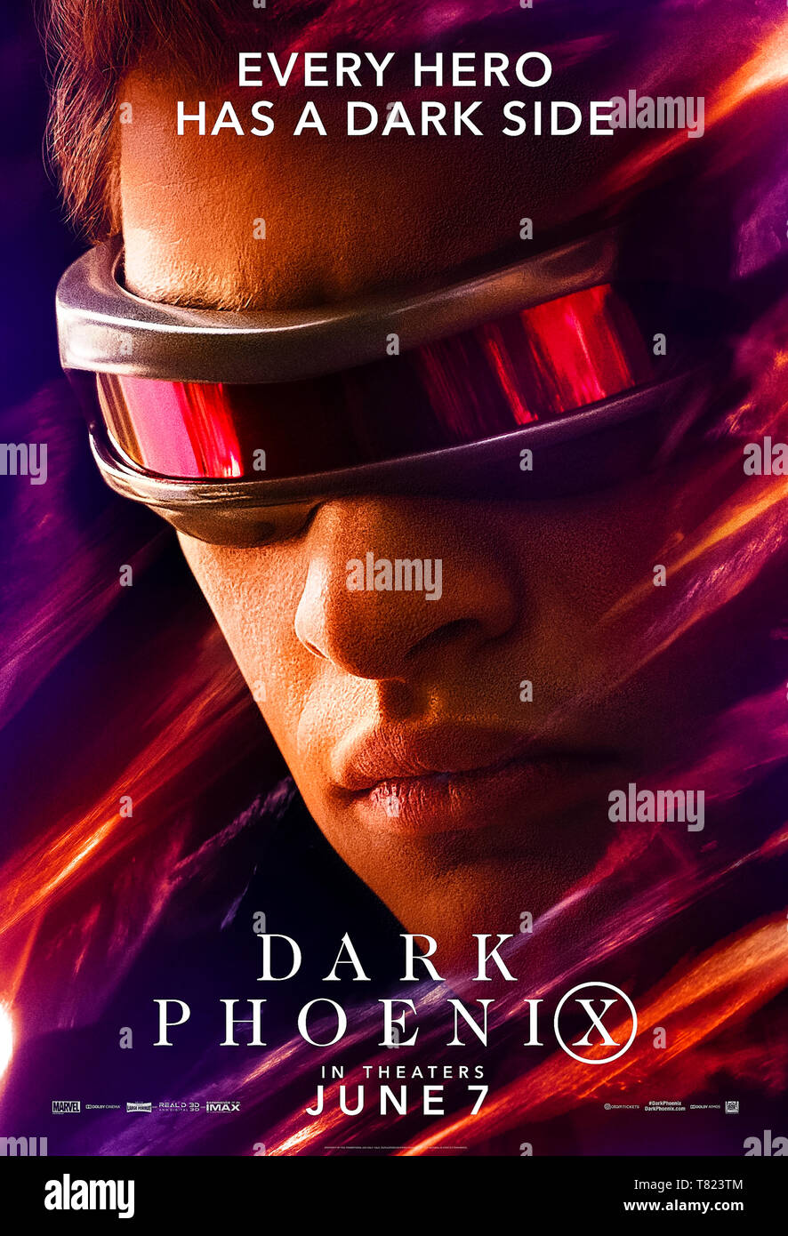 Dark Phoenix (2019) directed by Simon Kinberg and starring Tye Sheridan as Scott Summers aka Cyclops. Stock Photo