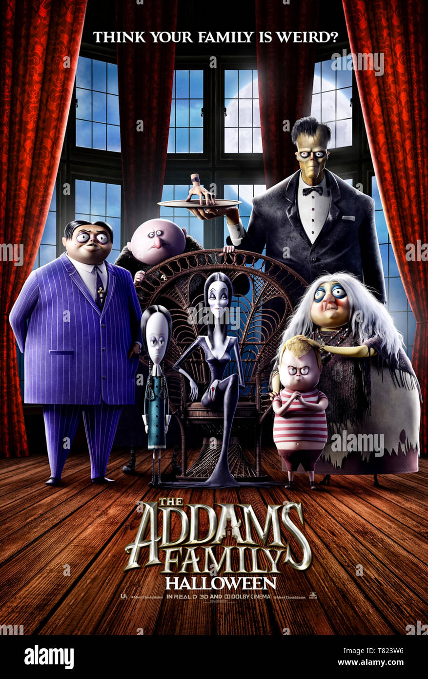 The Addams Family (2019) directed by Greg Tiernan and Conrad Vernon and starring Charlize Theron, Chloë Grace Moretz, Oscar Isaac and Aimee Garcia. Animated version based on the characters from Charles Addams' New Yorker cartoons. Stock Photo