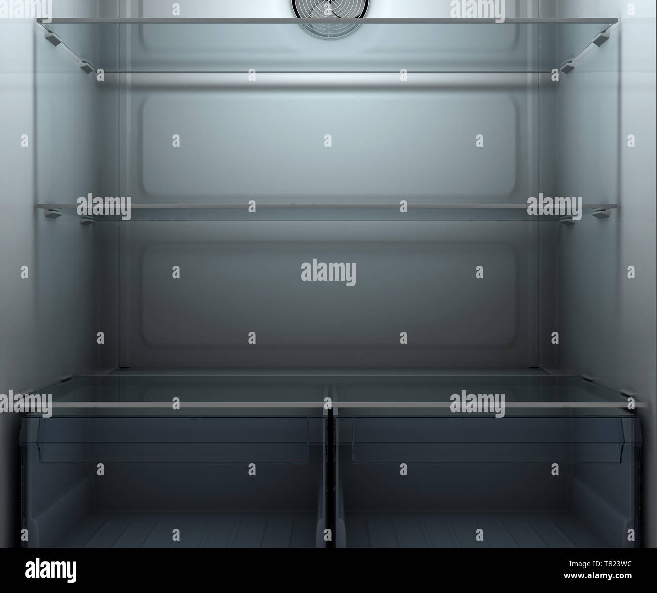 A view inside a dimly lit empty household fridge or freezer with glass shelves and drawers - 3D render Stock Photo