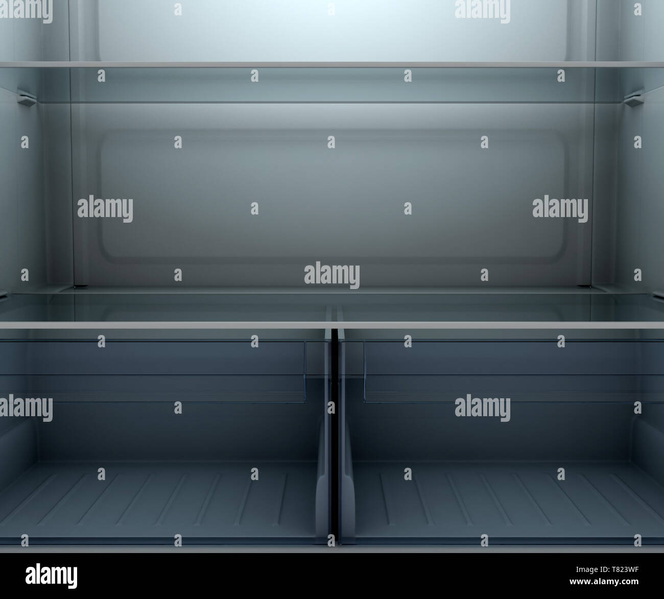 A view inside a dimly lit empty household fridge or freezer with glass