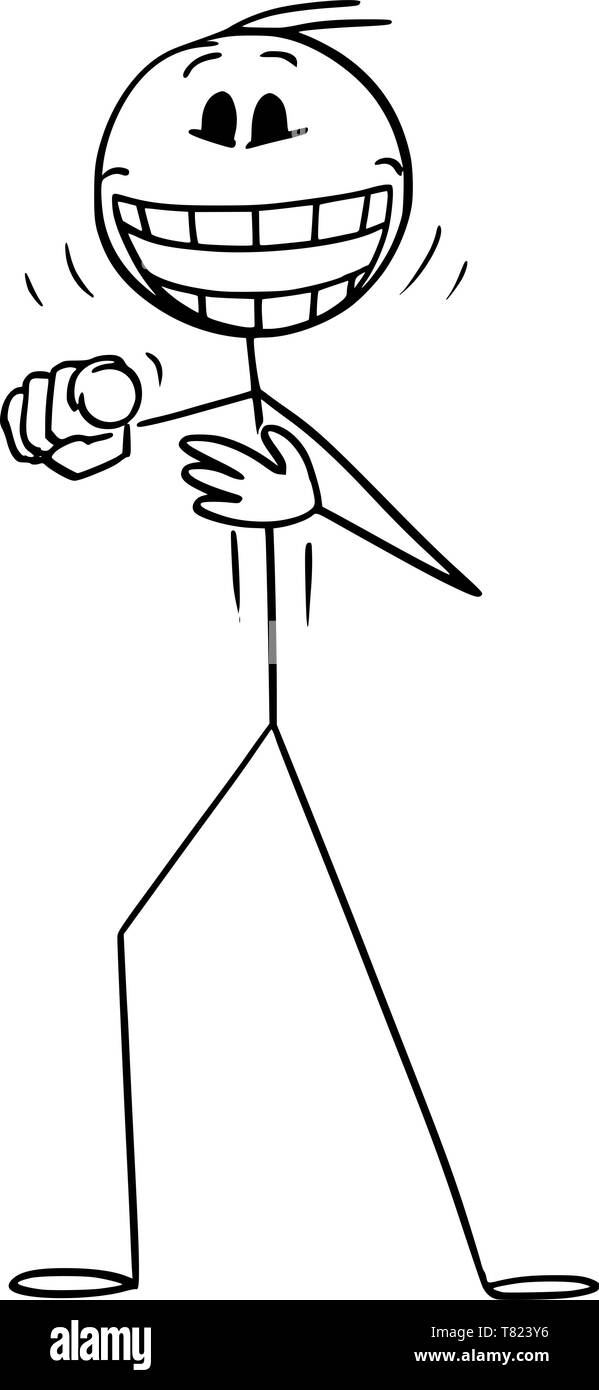 Vector cartoon stick figure drawing conceptual illustration of mad or crazy man or person pointing his finger at viewer or at camera and laughing. Stock Vector