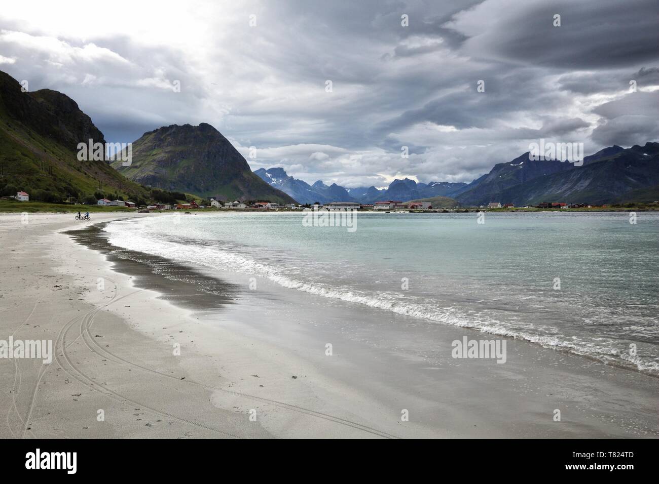 Norway - Lofoten landscape. Arctic island of Flakstadoya with rainclouds. Stock Photo