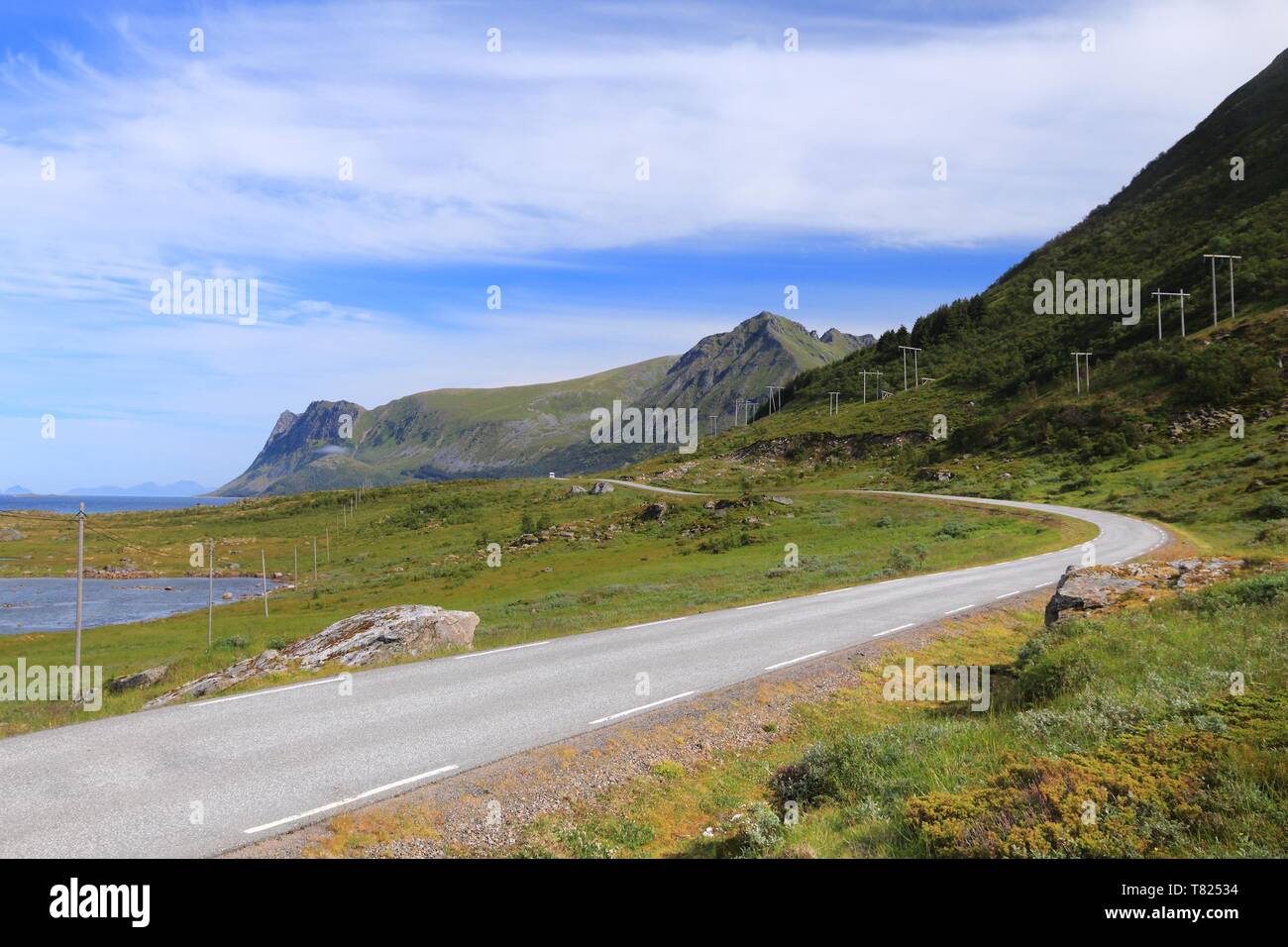 Road in Norway - Lofoten islands landscape on Austvagsoya. Stock Photo