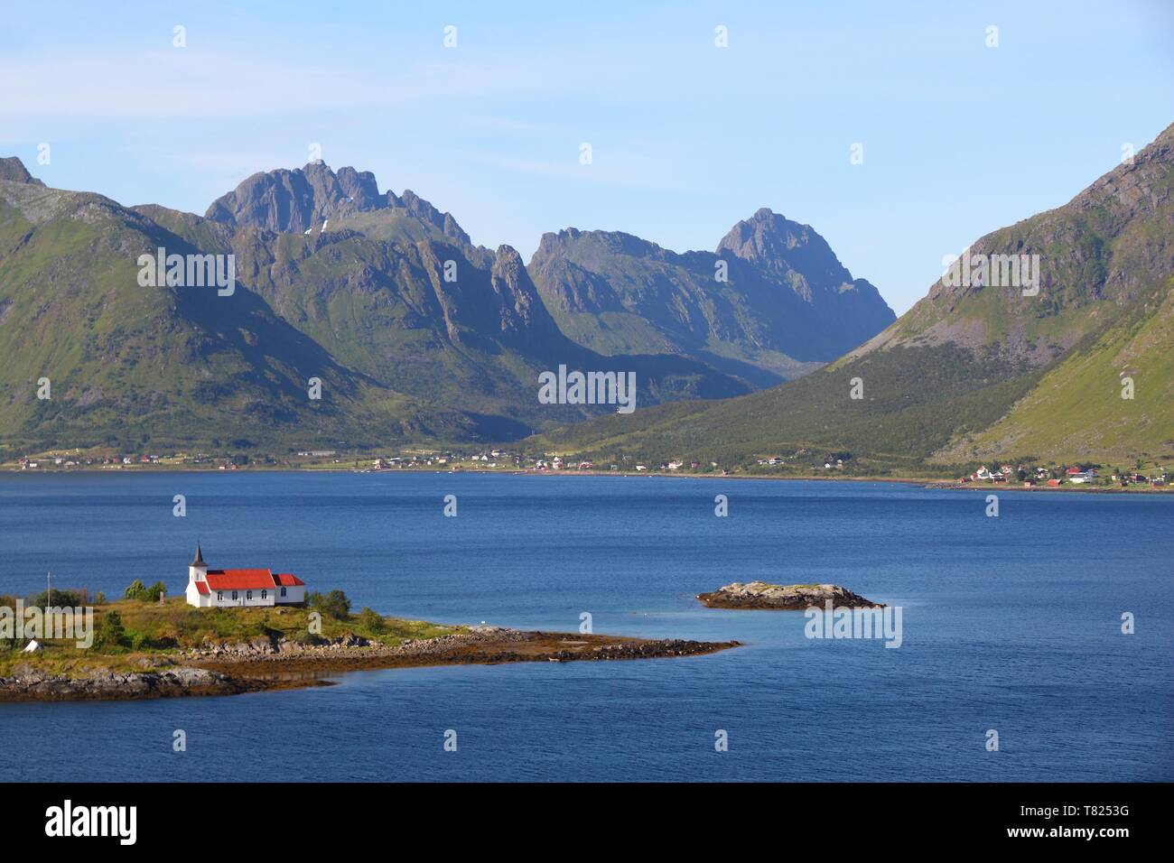 Norway landscape - Sildpollnes church in Vestpollen, Lofoten islands. Stock Photo