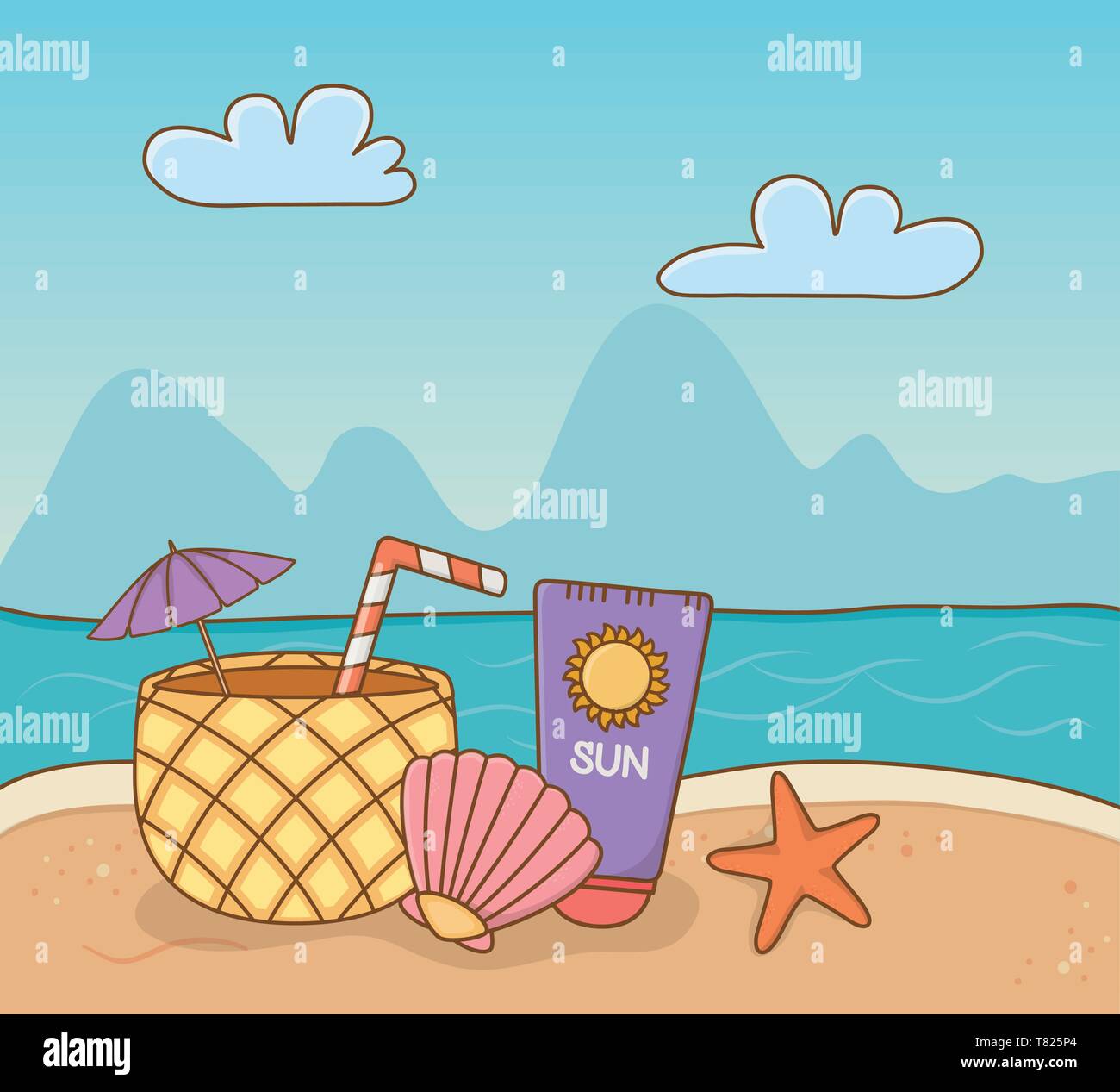 pineapple cocktail and set items beach scene vector illustration design ...