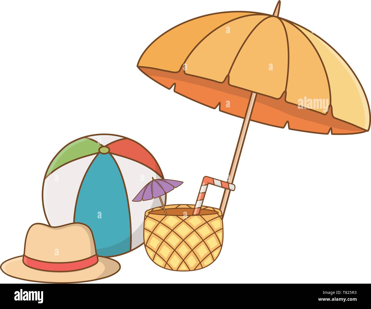 summer time with umbrella beach ball pina colada and hat cartoon flay