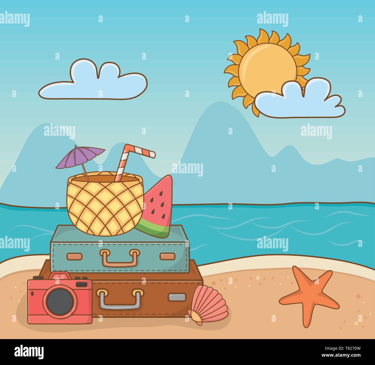 pineapple cocktail and set items beach scene vector illustration design ...