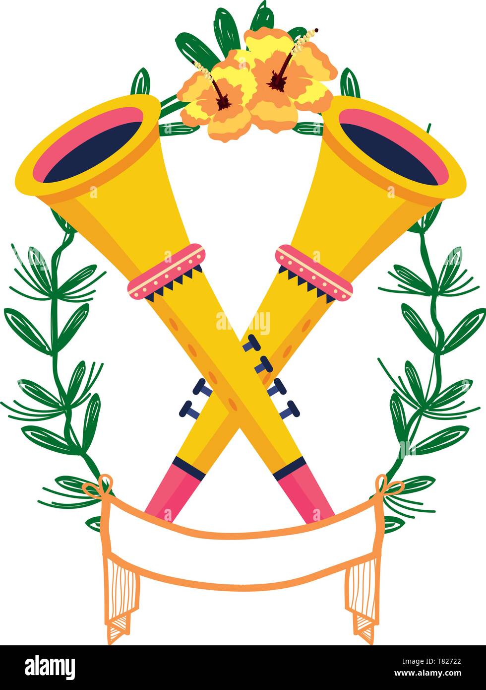 two trumpets tilted on laurel wreath with flowers ribbon isolated