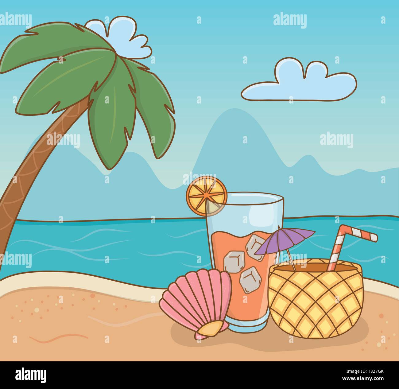 pineapple cocktail and set items beach scene vector illustration design ...