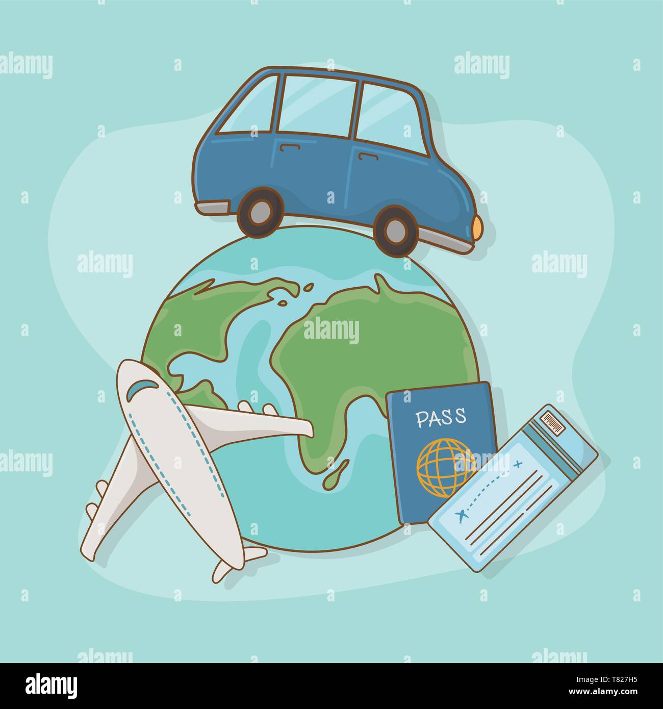 world planet with car and travel vacations items vector illustration design Stock Vector