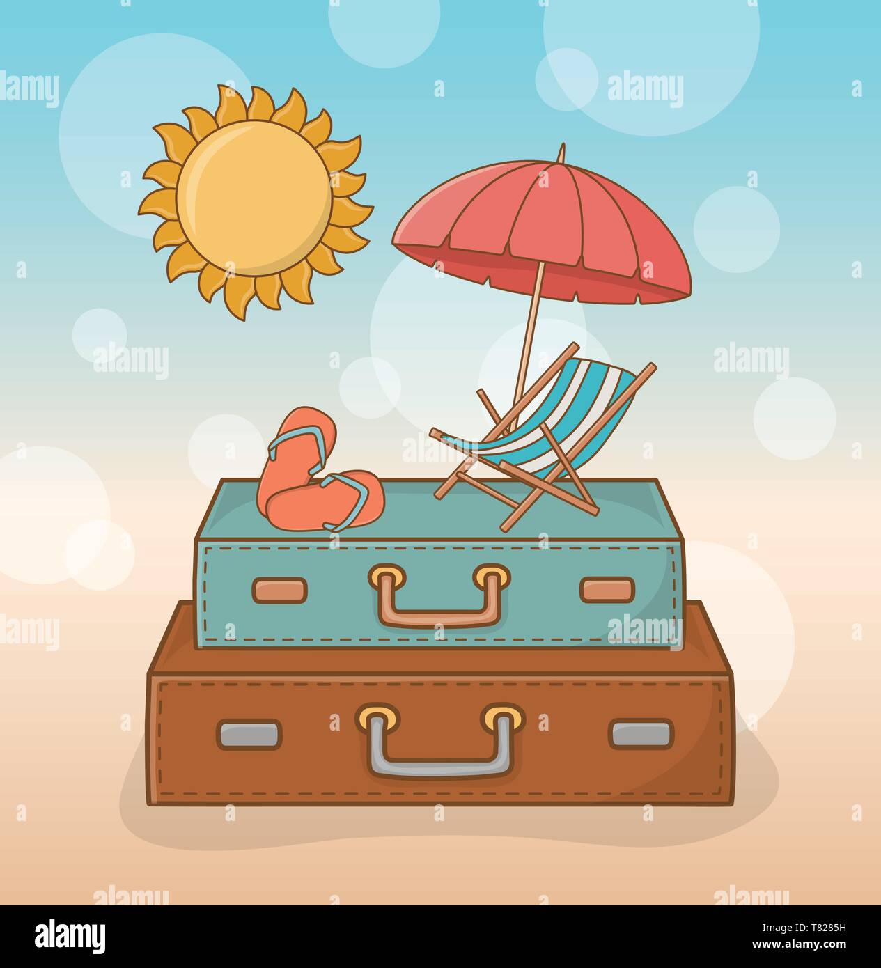 suitcases vacations on the beach scene vector illustration design Stock Vector