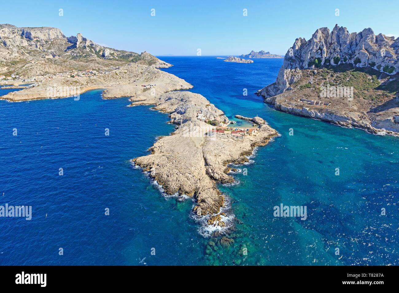 France, Bouches du Rhone, Calanques National Park, Marseille, 8th arrondissement, Cap Croisette, Croisette Pass, Maire Island (aerial view) Stock Photo