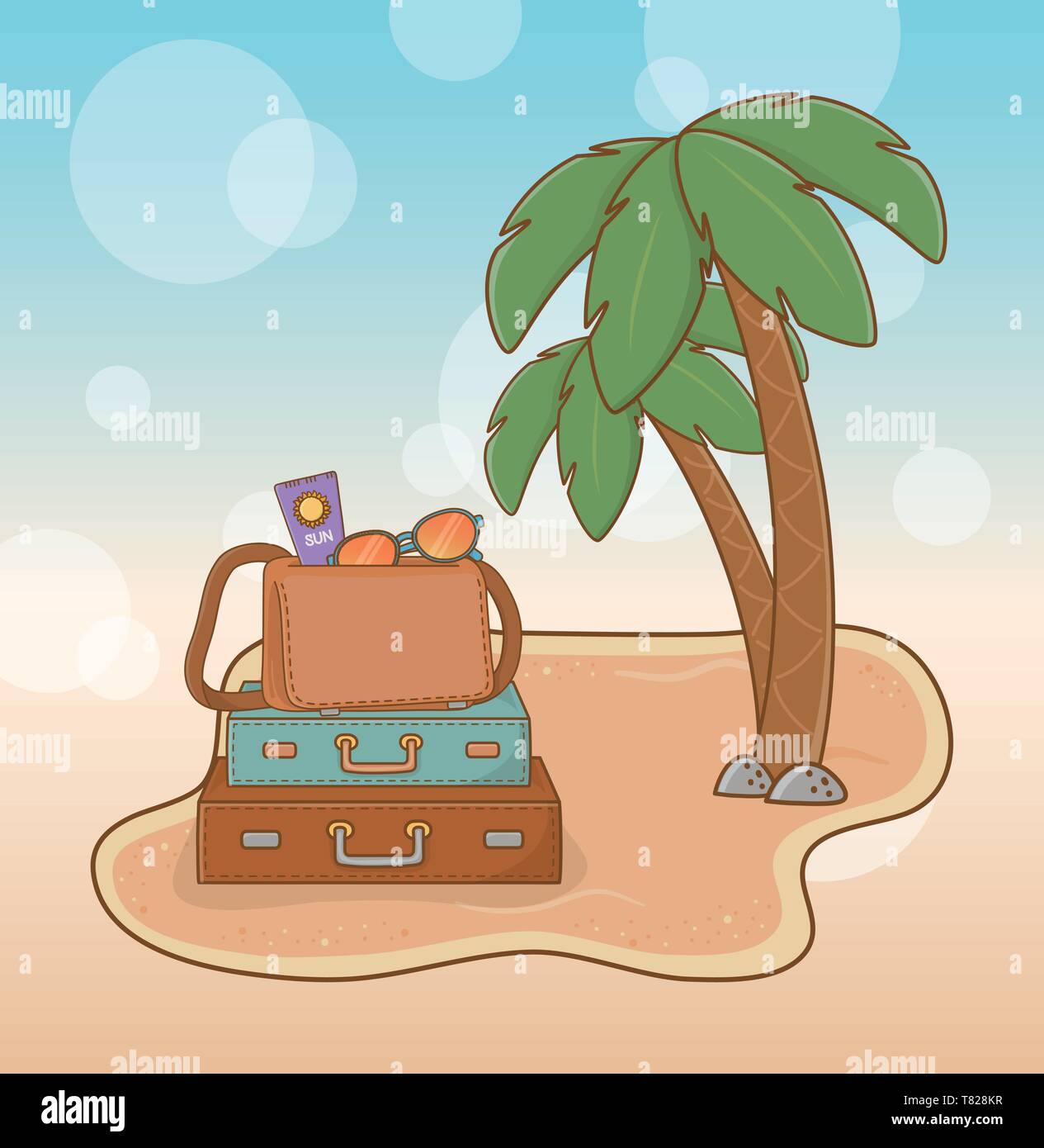 suitcases vacations on the beach scene vector illustration design Stock Vector