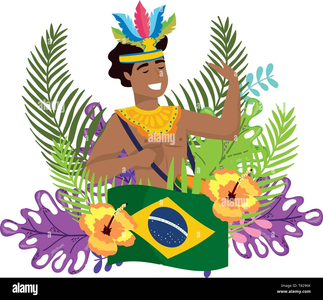 man with drum celebrating brazil carnival between leaves flowers and ...