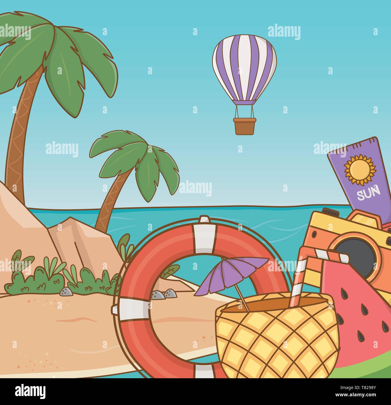pineapple cocktail and set items beach scene vector illustration design ...