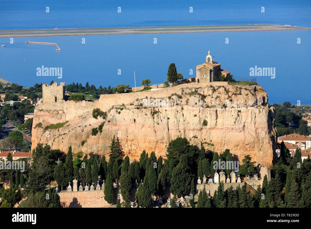 France Bouches Du Rhone Vitrolles The Rock Notre Dame De Vie Chapel Sarrasine Tower Xi Century Listed As A Historical Monument The Marseille Provence Airport And Etang De Berre In The Background