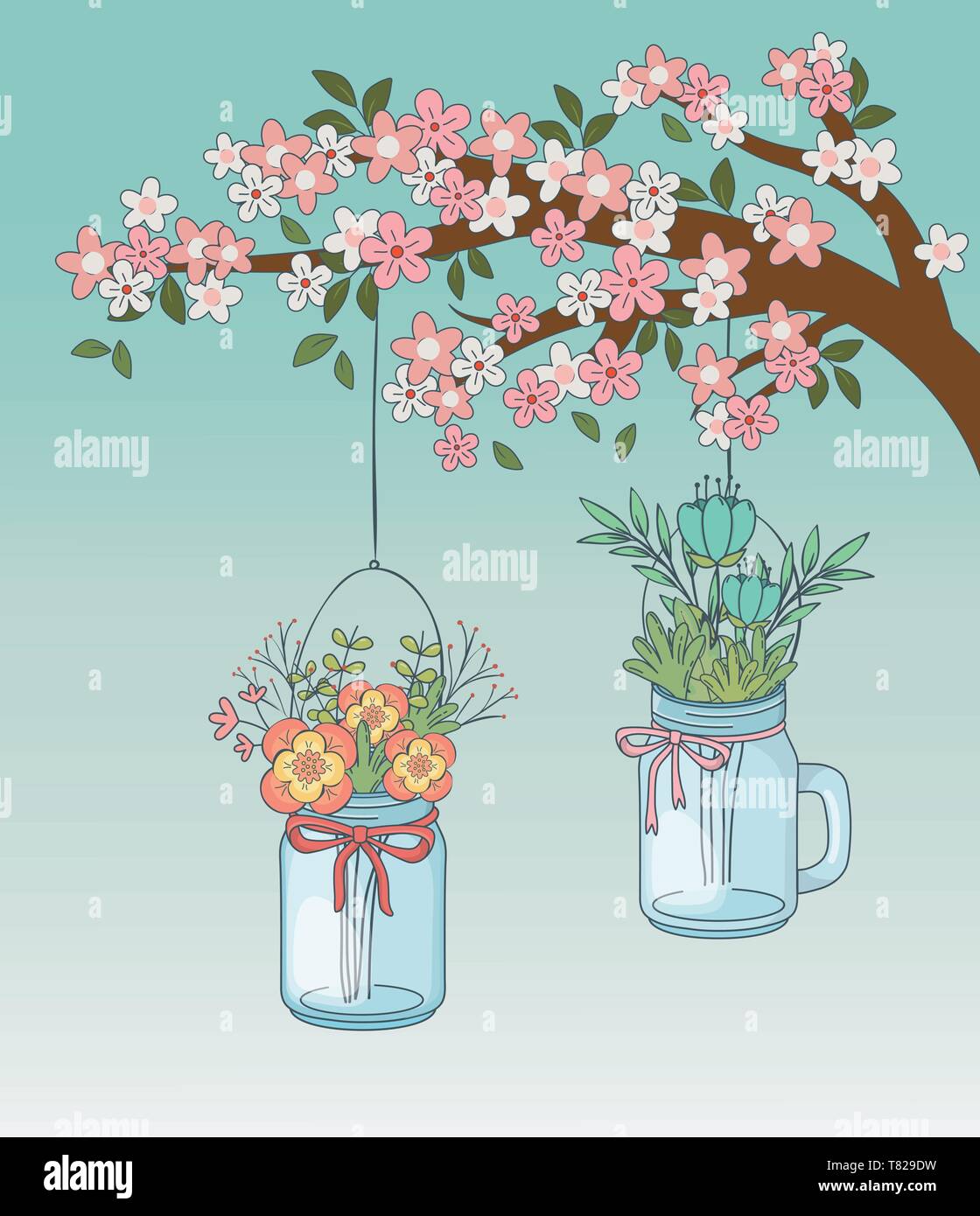 mason jars with flower hanging in tree branch vector illustration