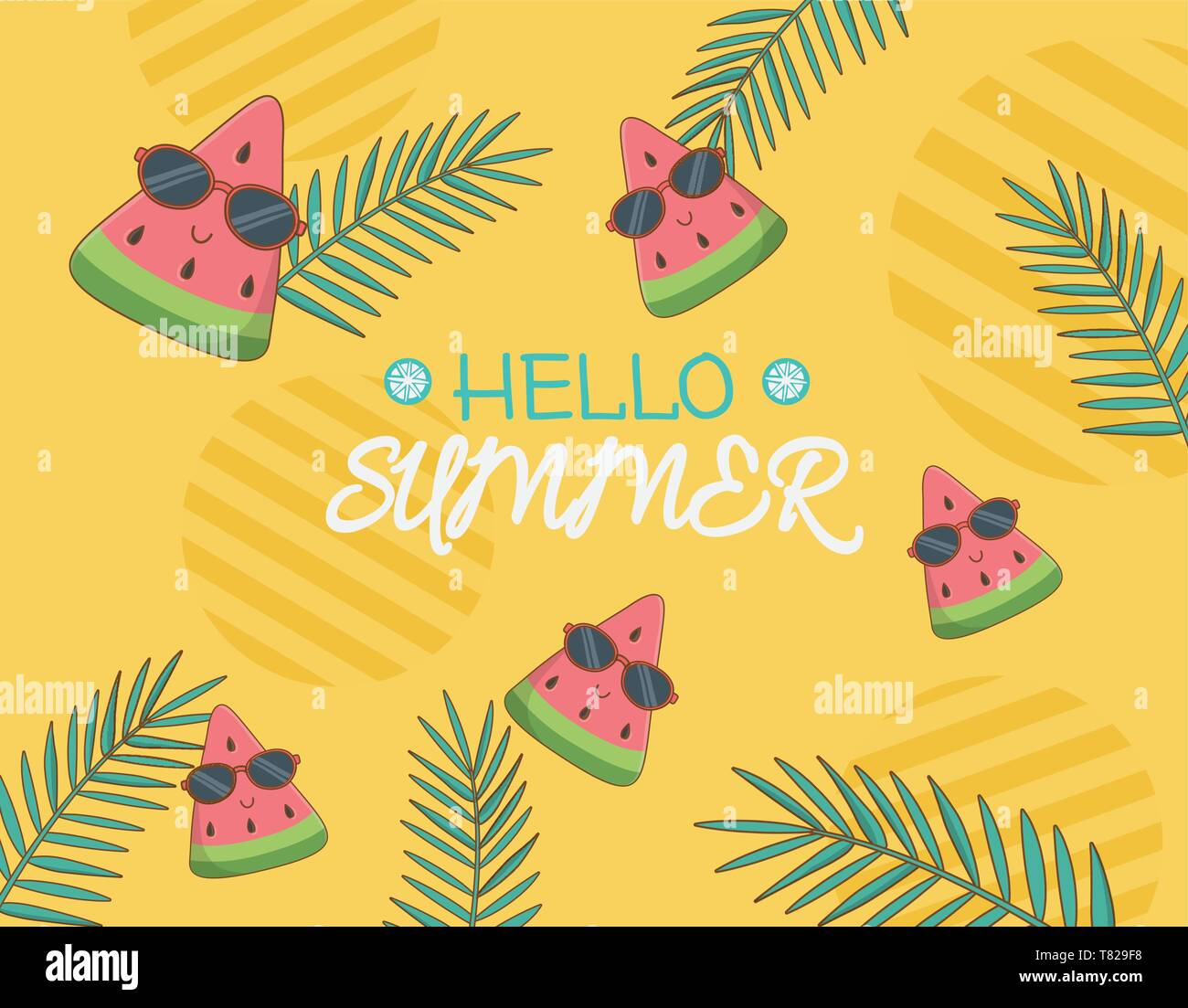 hello summer poster with watermelon characters vector illustration ...