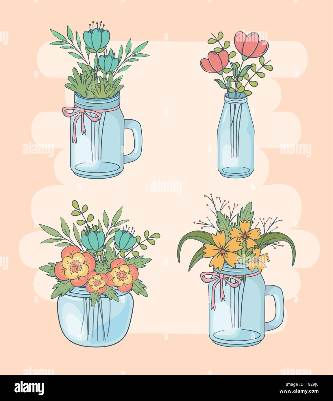 Set Of Mason Jars With Floral Decorations Vector Illustration