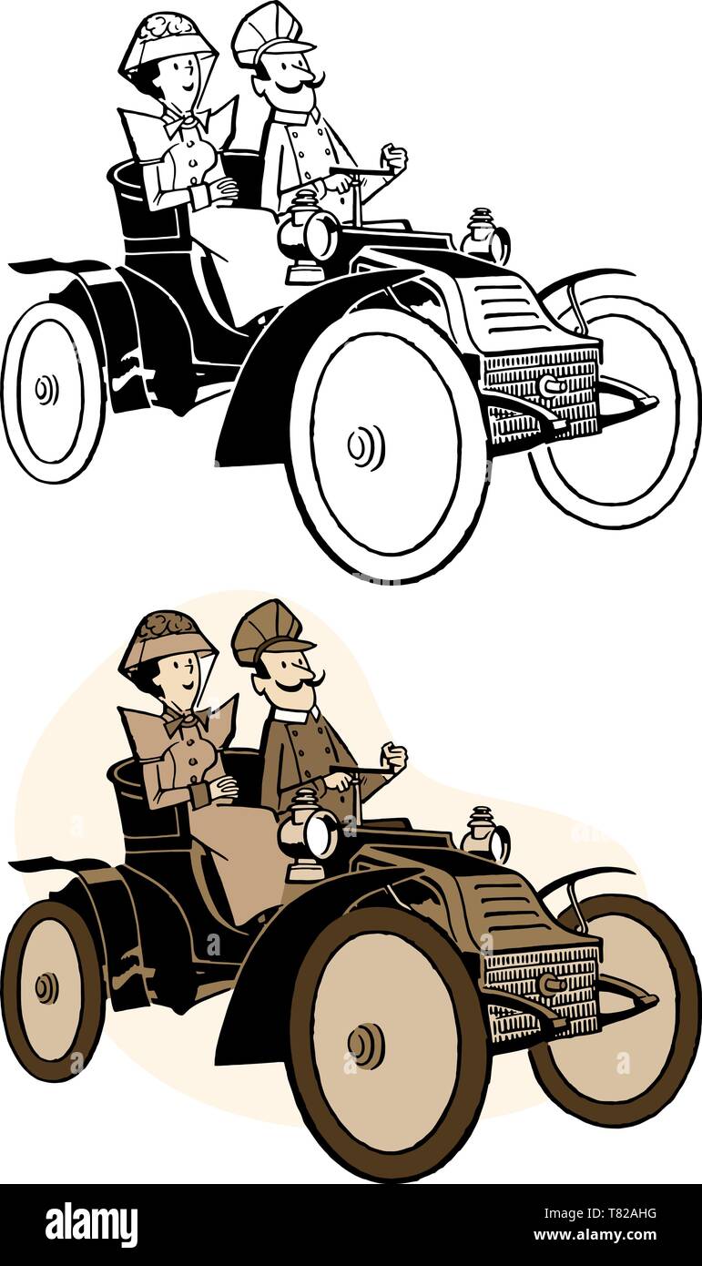 A couple goes for a drive in an old fashioned jalopy. Stock Vector