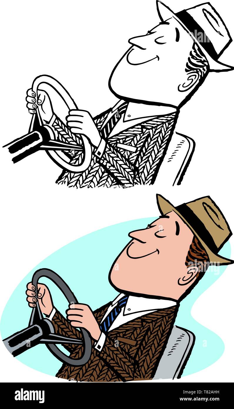 A man uses the steering wheel to drive his car. Stock Vector