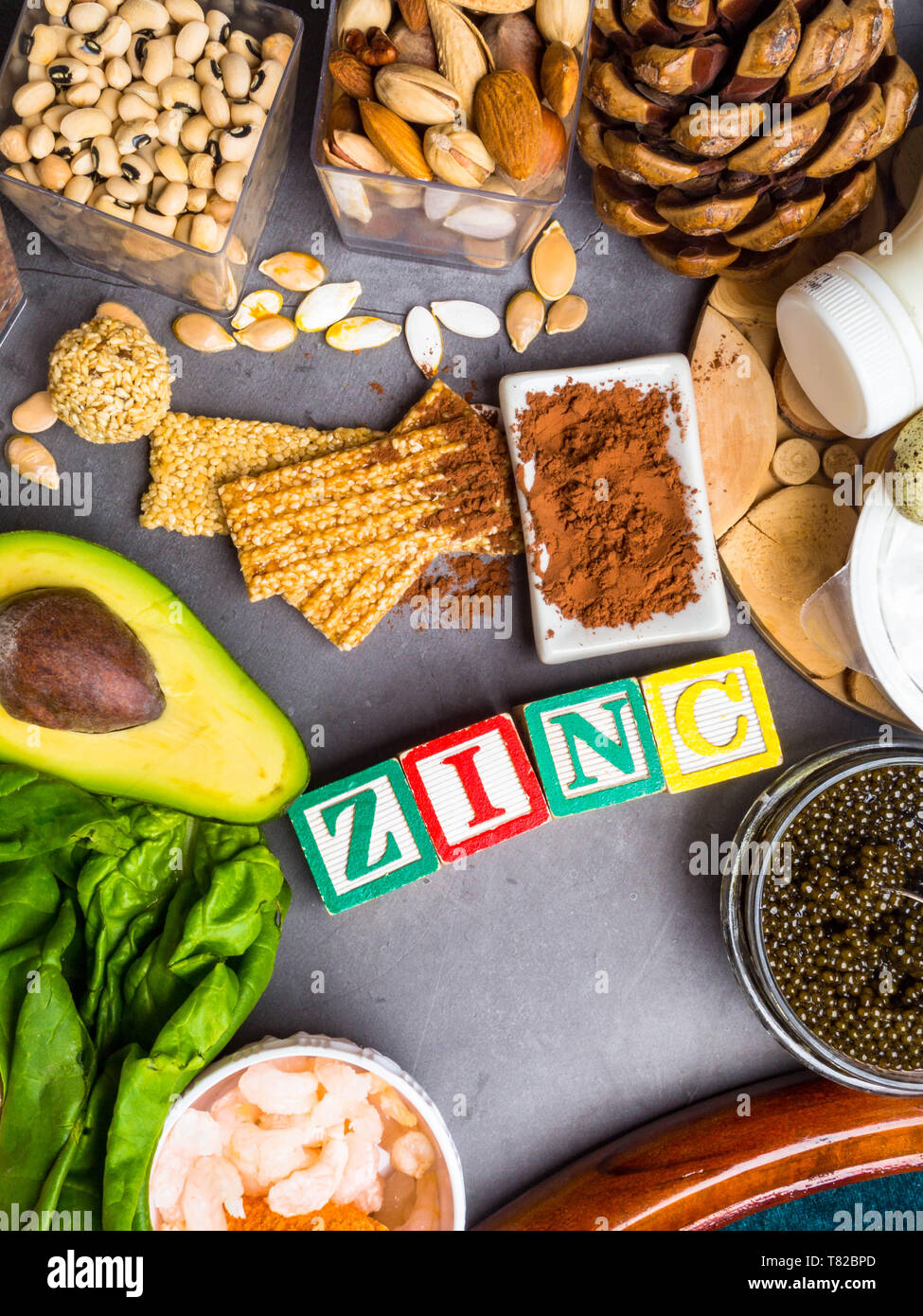 Foods with Zinc mineral on grey concrete table. Top view Stock Photo