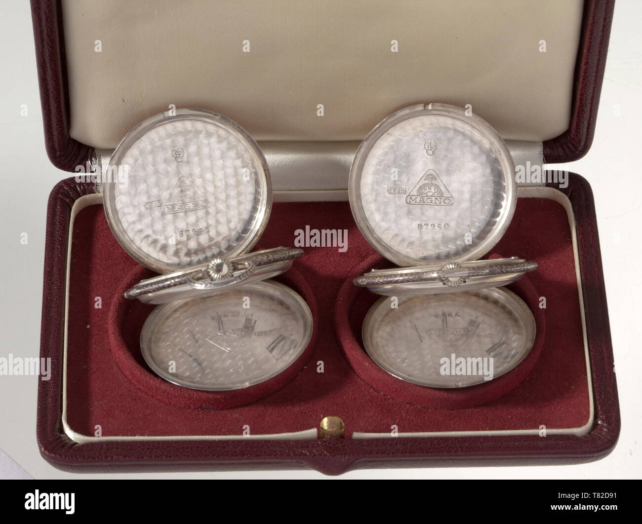 Walter Stennes (1895 - 1989) - Ernst Ramm. Two presentation pocket watches from the Koumintang military advisor to the head of the German consulate. The watches made of silver. The hunter cases inlaid with enamel and portraits of Chaing Kai-Shek, a motto scroll, and dragon decoration (minimal damage to the enamel on both watches). The back covers inlaid with enamel flags of the Koumintang and the Republic of China. The inside of the covers with manufacturer's inscription 'Magno', '925', and various hallmarks. Chinese characters on the enamel dials. In the presentation case., Editorial-Use-Only Stock Photo