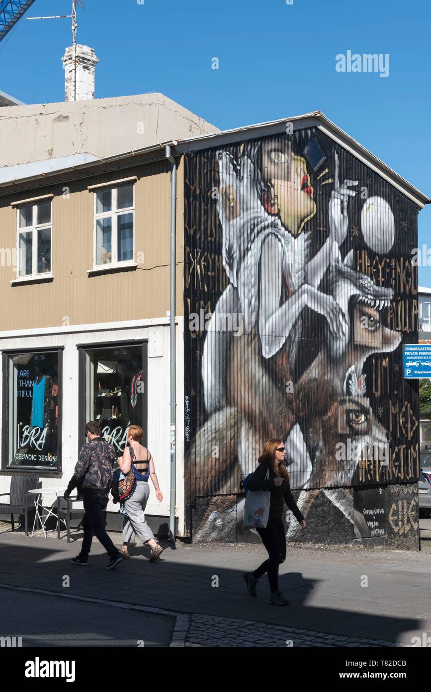 Iceland, Capital region, Reykjavik, Laugavegur the main street of Reykjavik, mural on the walls Stock Photo