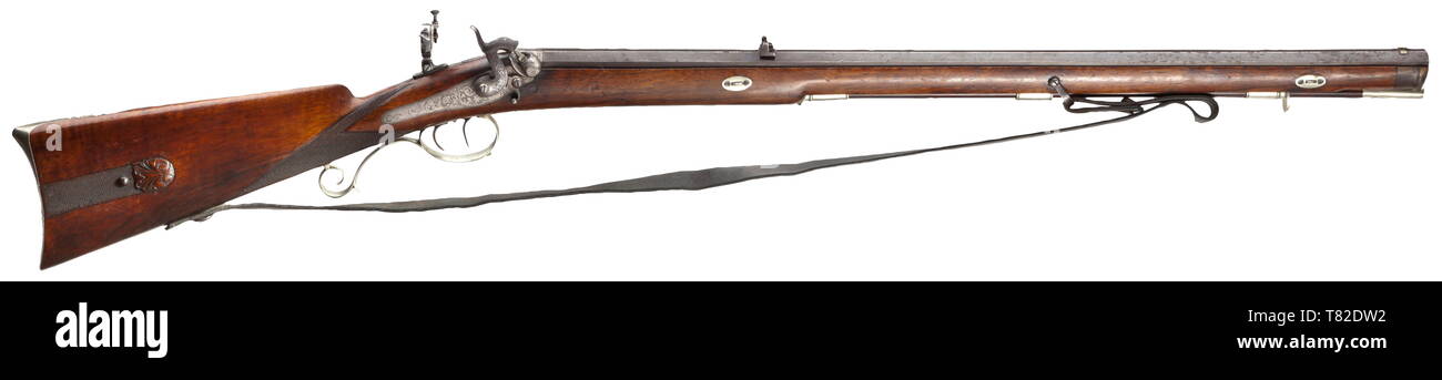 A percussion rifle, Lorenz Bössel in Suhl, circa 1850 Octagonal barrel in  12.5 mm calibre with rifled bore and an engraved patent breechblock. On top  with a dovetailed nickel silver front sight