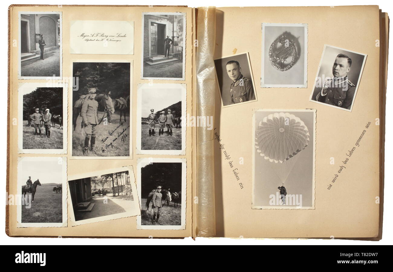 A photo album of an army paratrooper - Eben Emael, Crete The album, inscribed in part, contains more than 400 top-quality images of an early member of the paratroops. It starts in 1935 with the regional police in Erfurt, assignment with Infantry Regiment 32 in Grimma, training with the parachute infantry company in Stendal followed by operations in the Second World War with images of 'FJR 3' in Poland, Holland, France and Crete. Very good images of technology and uniforms, training and battle scenes, such as in Wola Gulowska, Moerdijk, Ebem Emael, the motorway to Rotterdam,, Editorial-Use-Only Stock Photo