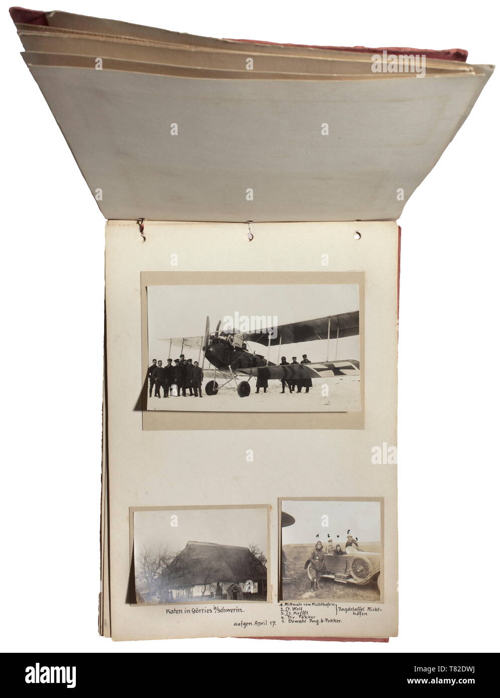A photo album of Flying Station Schwerin Tidily composed album with 20 very interesting images like squadrons in flight, types of aircraft, aerial views, air operations etc. Among them a photo of members of Richthofen´s 'Flying Circus' (Richthofen in flight clothing). historic, historical, troop, troops, armed forces, military, militaria, army, wing, group, air force, air forces, 20th century, Editorial-Use-Only Stock Photo