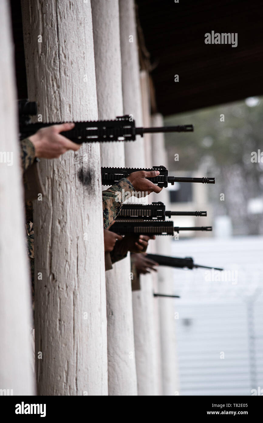 U.S. Marines sight in on their targets at Marine Corps Base Quantico, Virginia, March 2, 2019. The Marine Corps’ top shooters gathered in Virginia to participate in Sig Saur Academy’s performance-based training-model, a designed to increase combat lethality throughout the Marine Corps. (U.S. Marine Corps photo by Lance Cpl. Britany Rowlett) Stock Photo
