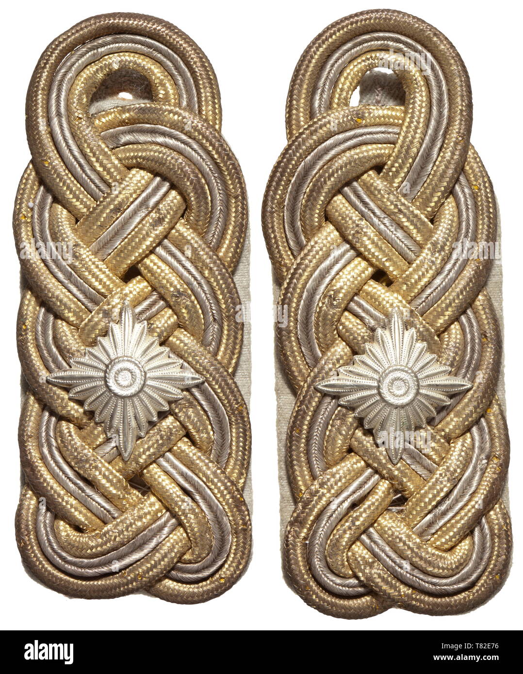 A pair of shoulder boards for 'SS-Gruppenführer' and 'Generalleutnant'of the Waffen-SS Gold-silver interwoven cords on mouse-grey wool underlay (heavy type), with rear loop, used. historic, historical, 20th century, 1930s, 1940s, Waffen-SS, armed division of the SS, armed service, armed services, NS, National Socialism, Nazism, Third Reich, German Reich, Germany, military, militaria, utensil, piece of equipment, utensils, object, objects, stills, clipping, clippings, cut out, cut-out, cut-outs, fascism, fascistic, National Socialist, Nazi, Nazi period, Editorial-Use-Only Stock Photo