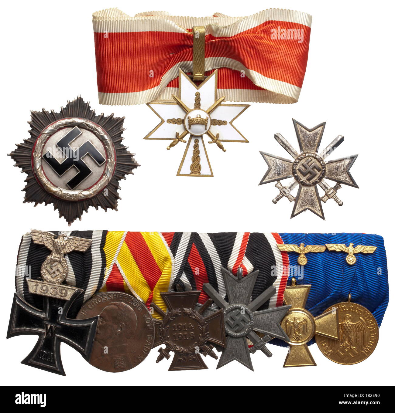 Oberst Albert Bedenk - a German Cross in Silver, an orders clasp and documents of the Panzer army information officer, 2nd Panzer Army. German Cross in Silver, the enamelled swastika with minimal scratch marks, reverse attachment pin and four rivets. No maker's mark, yet typical of the Deschler firm in Munich. Weight 69.6 g. The six-piece orders clasp with the Wehrmacht Long Service Awards for 25 and 12 Years with applied repetition clasp to the Iron Cross 2nd Class of 1 20th century, Editorial-Use-Only Stock Photo