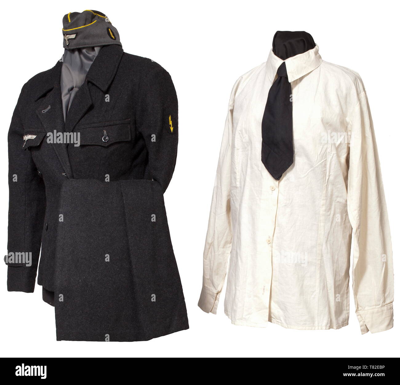 A uniform ensemble for a female aviation information assistant Garrison cap of field grey cotton cloth, machine-woven national emblem and lemon yellow piping for information personnel with petrol blue inner liner and size stamp '57'. Double-breasted uniform jacket with stitched national eagle and yellow machine-woven lightning bolt on black backing cloth, black plastic buttons, maker- and size stampings (RB.-no.) on the black silk inner liner. White cotton shirt with size stamp '38' and six plastic buttons, service skirt with zipper closure and m, Additional-Rights-Clearance-Info-Not-Available Stock Photo