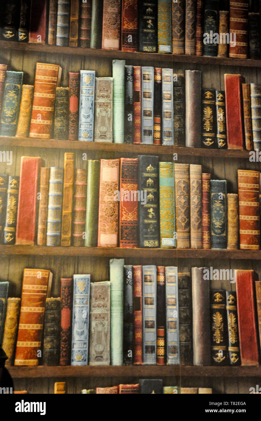 trompe-l'oeil book wallpaper Stock Photo