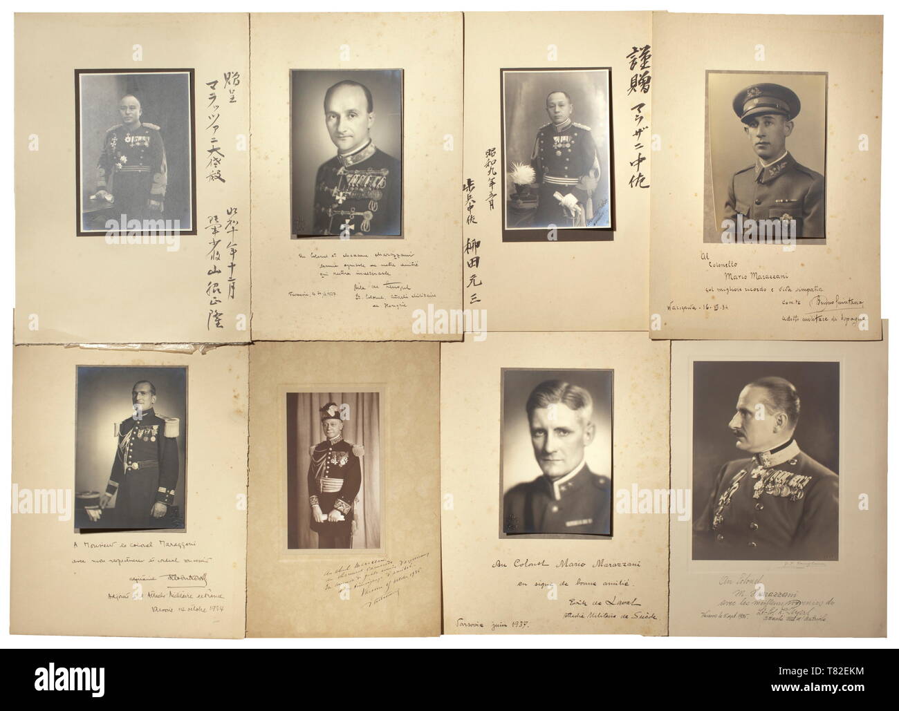 Photographs of high-ranking officers wearing medals - dedications The excellent pictures show highly distinguished officers (24 photos), fully bemedalled. The pictures partially with mounts and dedications predominantly to a 'Colonel Marazzani' of the Italian army and original signatures of the portrayed persons. Generalleutnant Max Schindler with Army Mountain Guide Badge, three Japanese officers with medals and officers from Finland, Spain, Austria, Poland etc. The depicted persons decorated with numerous German resp. European medals. The pictures were made between 1934 a, Editorial-Use-Only Stock Photo
